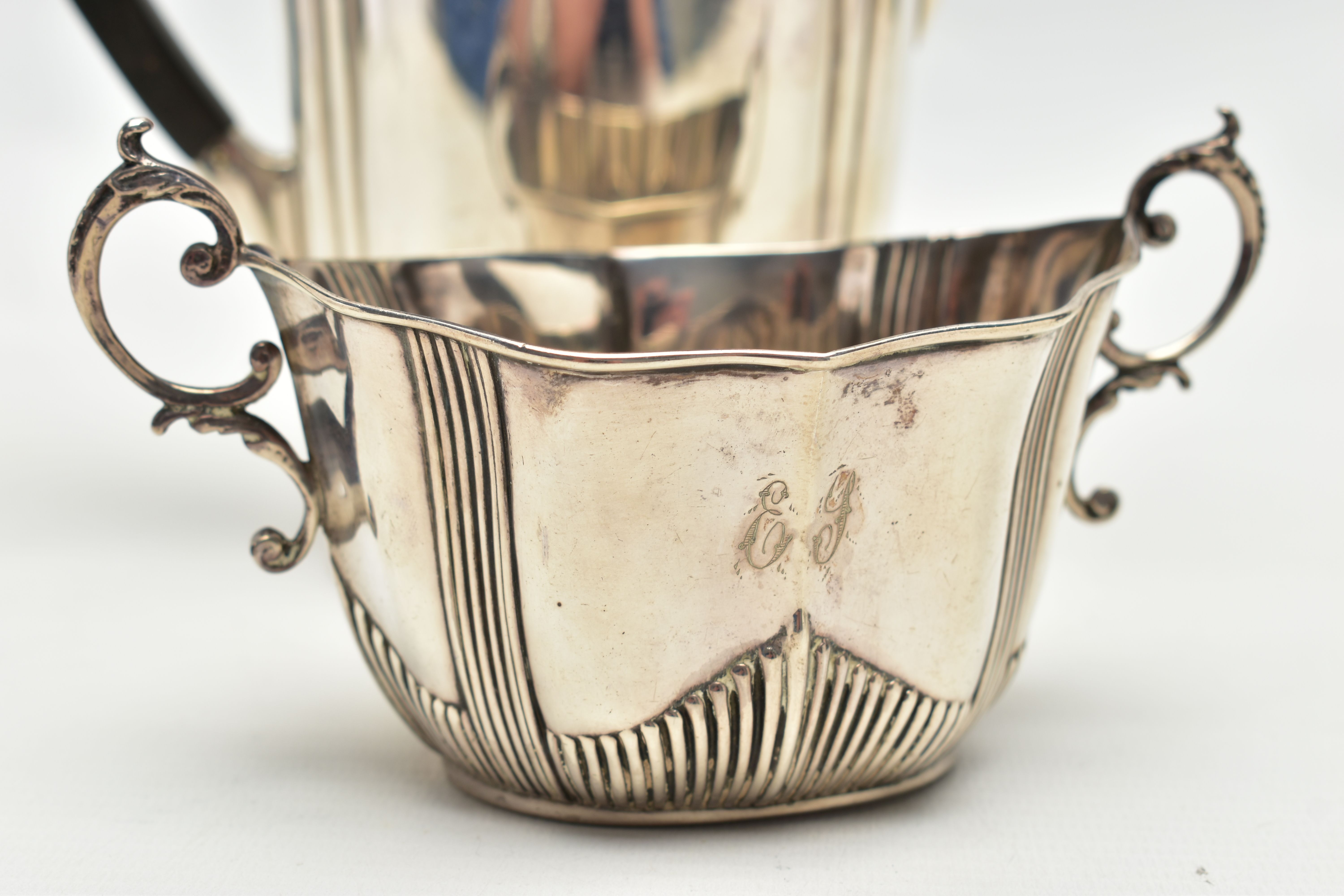 A GEORGE V SILVER HOT WATER JUG AND A LATE VICTORIAN TWIN HANDLED SUGAR BOWL, the hot water jug of - Image 2 of 10