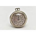 A GEORGE II SILVER PAIR CASED VERGE KEY WOUND POCKET WATCH BY THOMAS HILL LONDON, the champleve