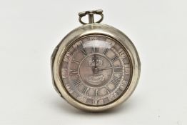 A GEORGE II SILVER PAIR CASED VERGE KEY WOUND POCKET WATCH BY THOMAS HILL LONDON, the champleve