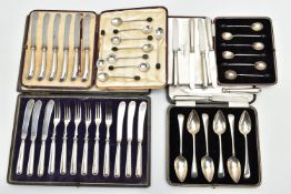 A PARCEL OF CASED AND LOOSE SILVER AND SILVER HANDLED CUTLERY AND FLATWARE, comprising a cased set