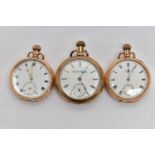 THREE GOLD PLATED MANUAL WOUND OPEN FACE POCKET WATCHES, to include a ELGIN NATL WATCH CO.' pocket