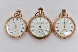 THREE GOLD PLATED MANUAL WOUND OPEN FACE POCKET WATCHES, to include a ELGIN NATL WATCH CO.' pocket