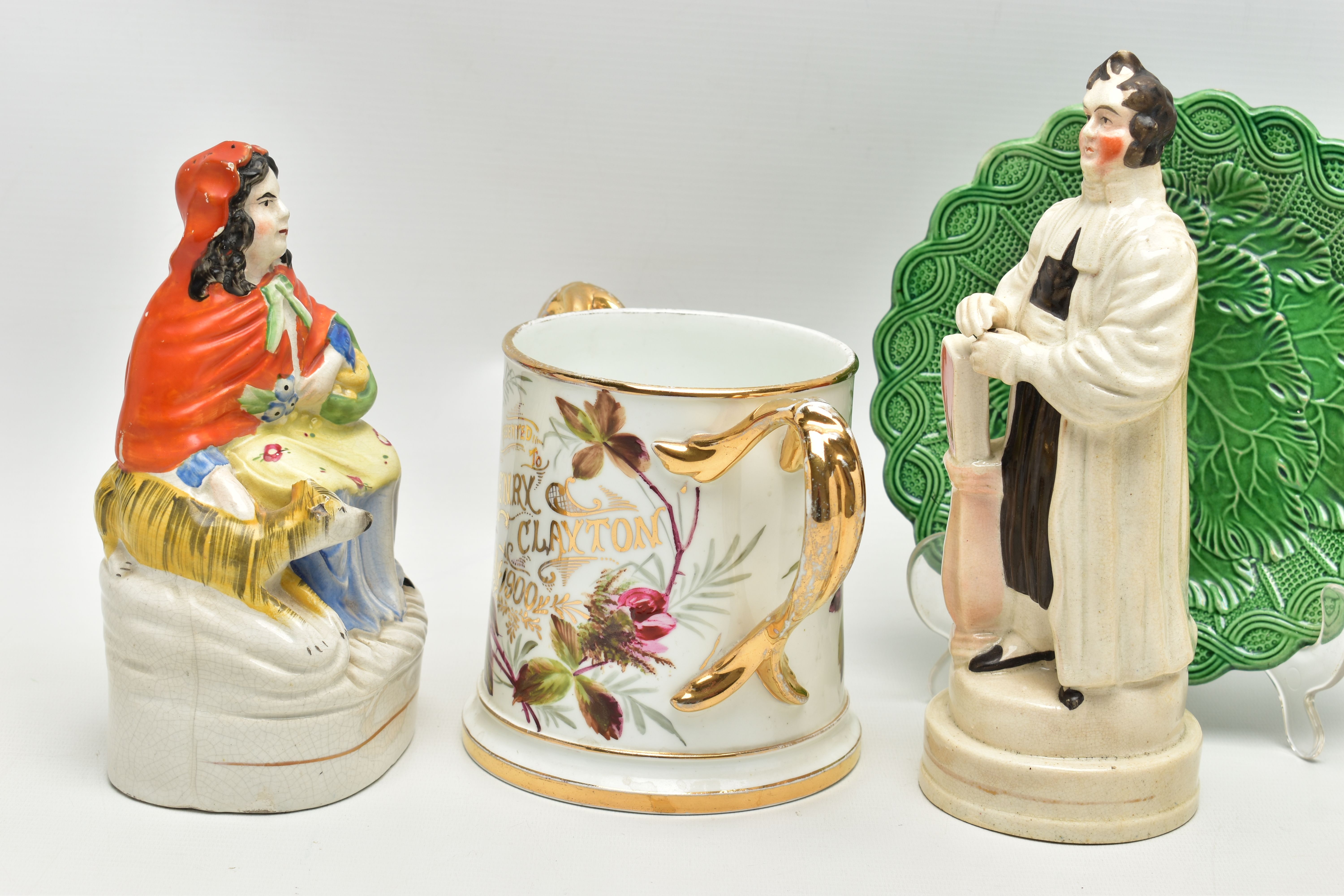 TWO VICTORIAN STAFFORDSHIRE POTTERY FIGURES AND TWO OTHER VICTORIAN CERAMIC ITEMS, comprising a - Image 5 of 14