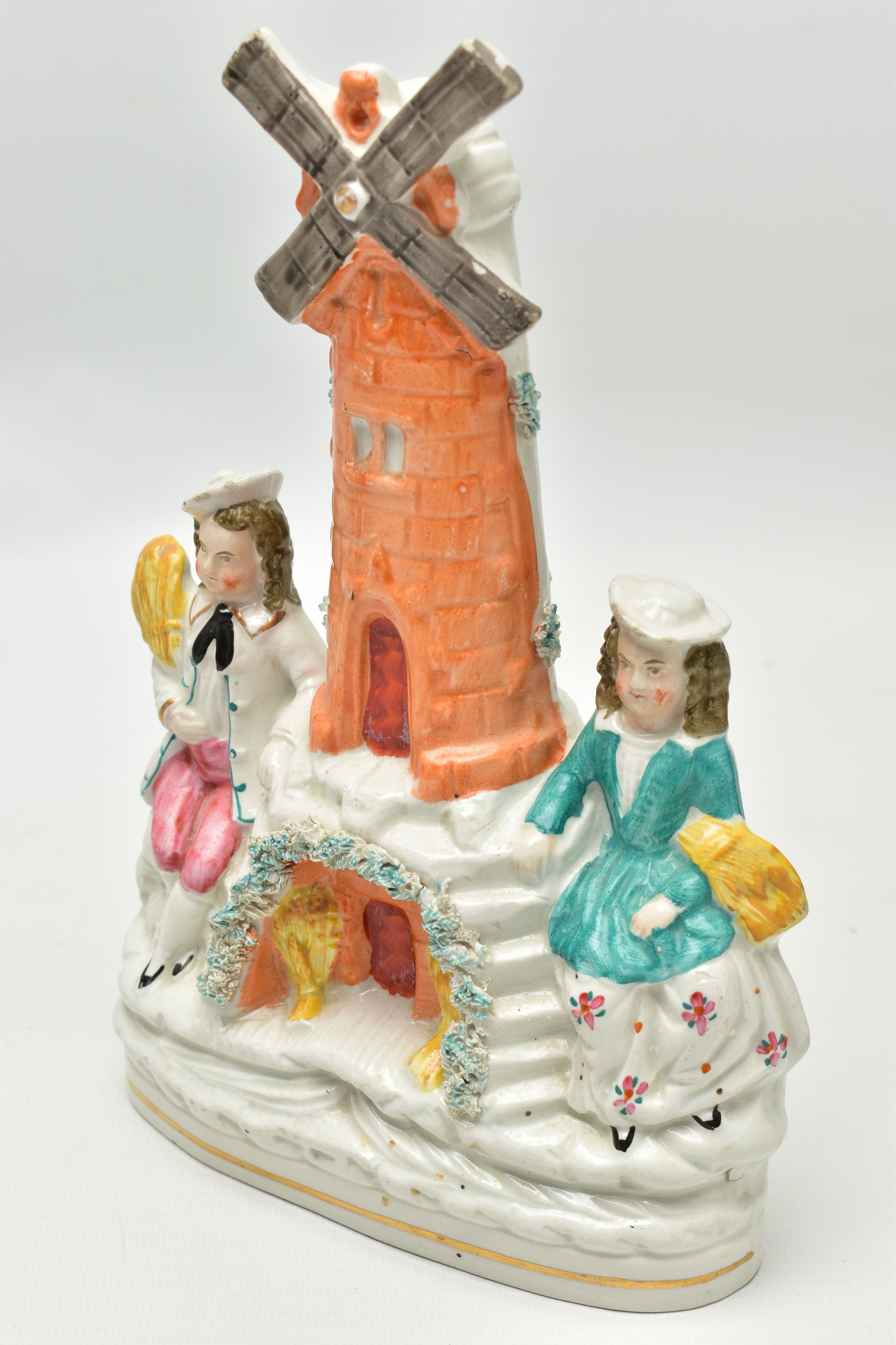 FIVE VICTORIAN STAFFORDSHIRE POTTERY FIGURES, ETC, comprising a windmill with boy and girl seated - Image 9 of 14