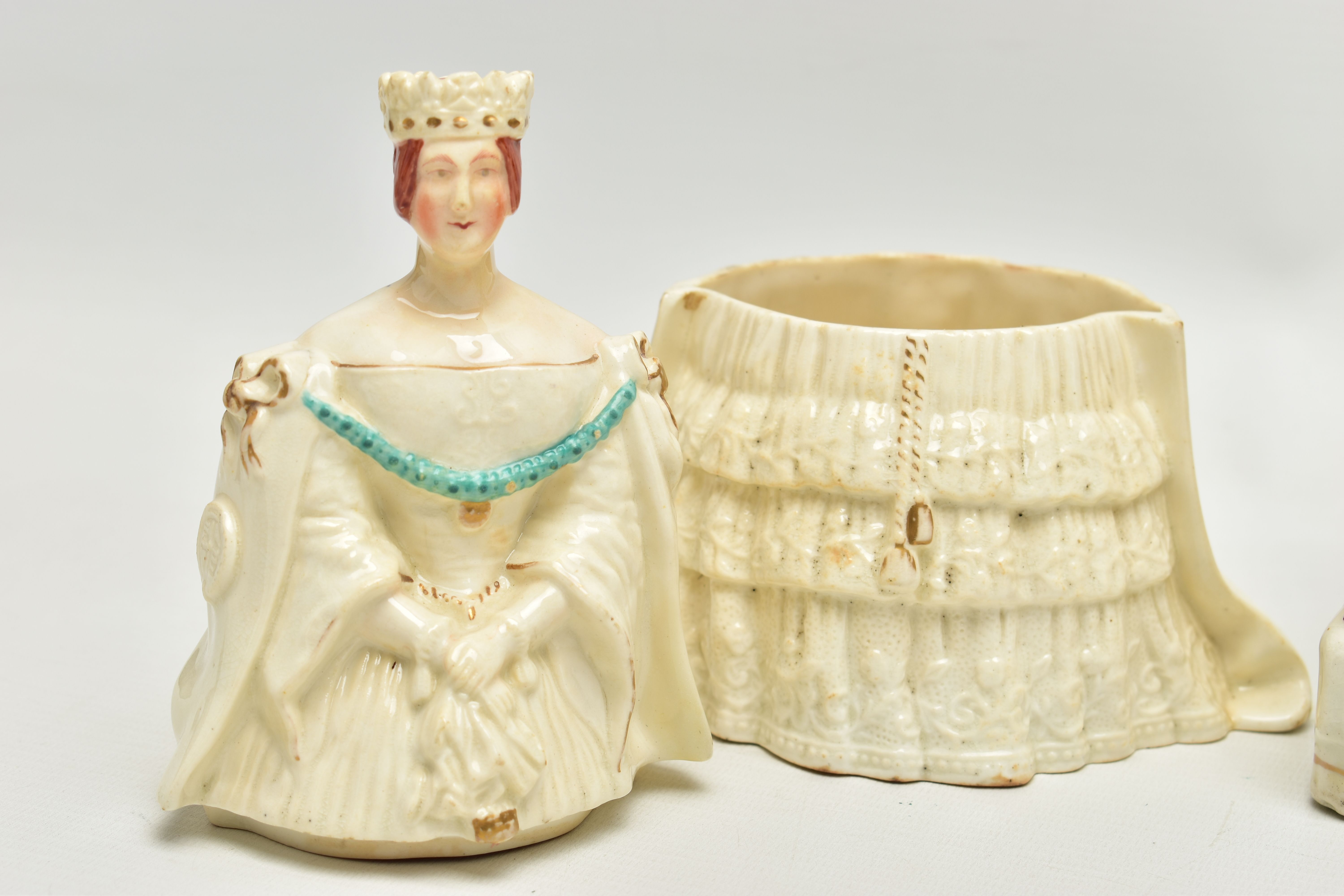 THREE VICTORIAN STAFFORDSHIRE POTTERY PORTRAIT FIGURES AND A SIMILAR JAR AND COVER, the figures - Image 3 of 18