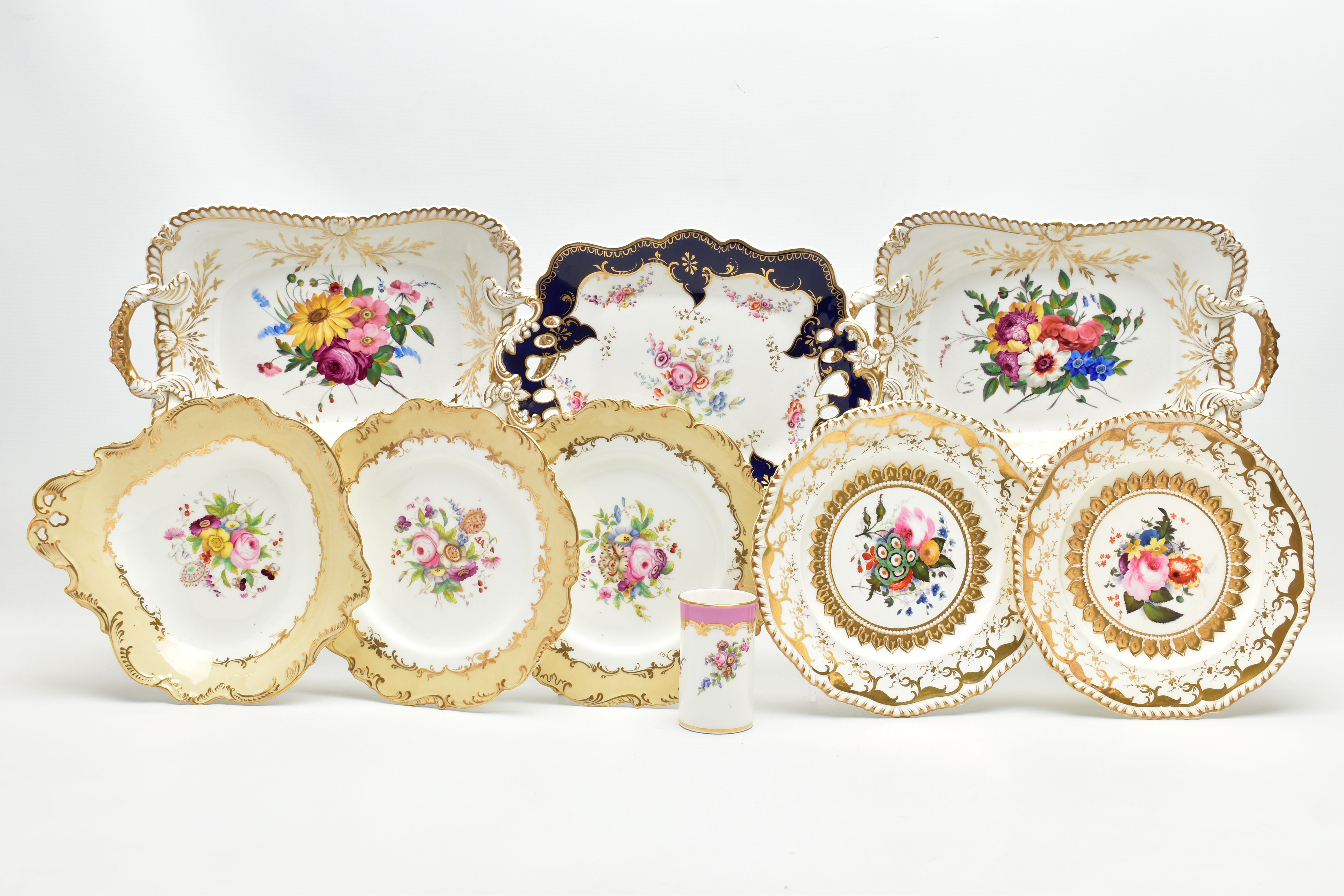 NINE PIECES OF MID TO LATE 19TH CENTURY BRITISH PORCELAIN, comprising a pair of Chamberlains twin