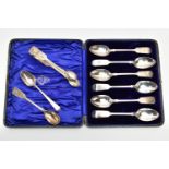 A CASED SET OF SIX EDWARDIAN SILVER FIDDLE PATTERN TEASPOONS, engraved initial 'B', makers Elkington