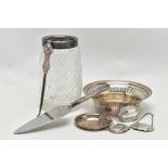 AN ASSORTMENT OF SILVER ITEMS, to include a Edwardian glass vase fitted with a silver rim,