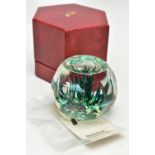 A BOXED LIMITED EDITION PERTHSHIRE 'TROPICAL FISH' GLASS PAPERWEIGHT, containing three tropical fish