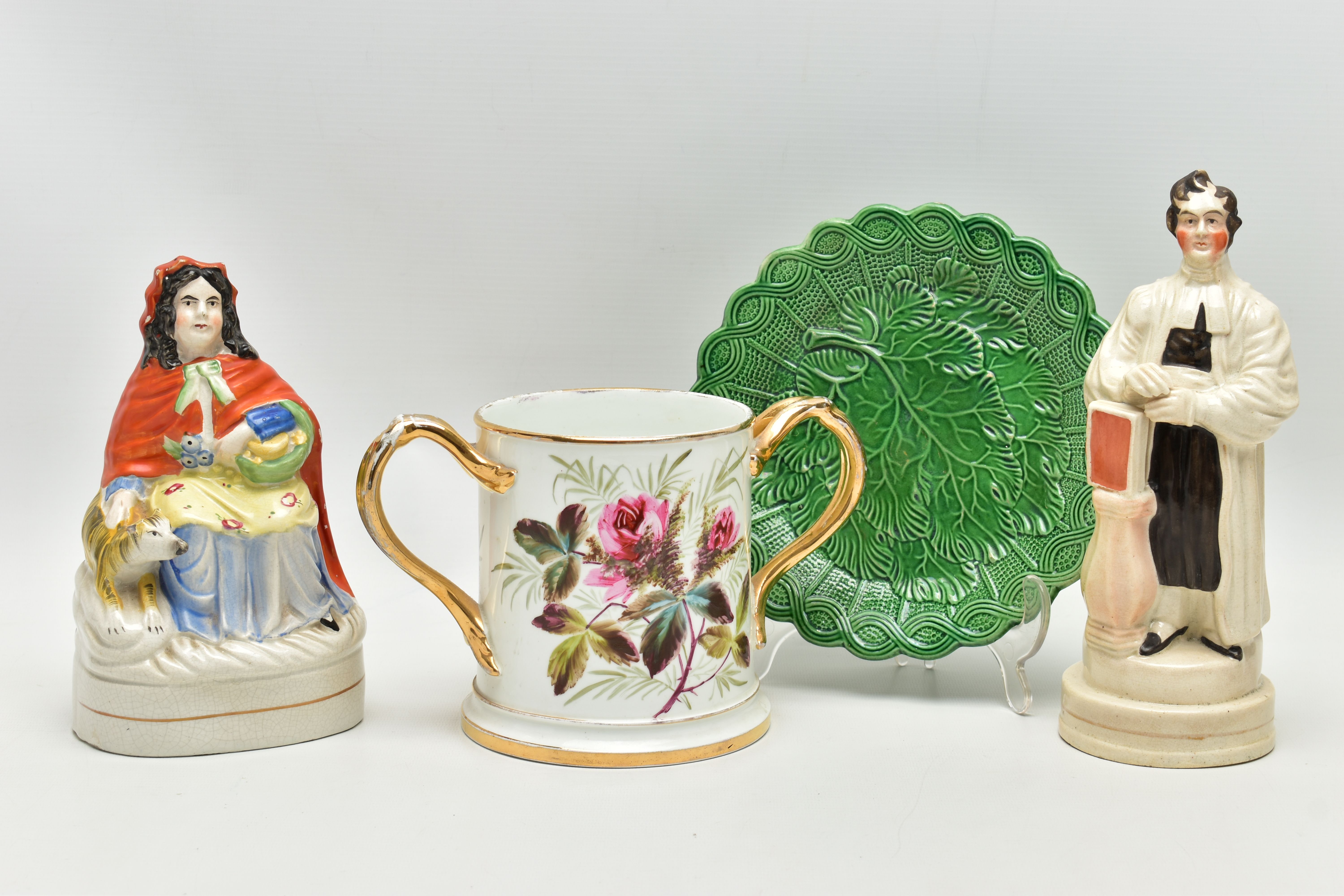 TWO VICTORIAN STAFFORDSHIRE POTTERY FIGURES AND TWO OTHER VICTORIAN CERAMIC ITEMS, comprising a