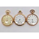 A SELECTION OF THREE GOLD PLATED MANUAL WOUND OPEN FACE POCKET WATCHES, to include a SMITHS pocket