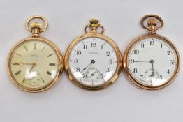 A SELECTION OF THREE GOLD PLATED MANUAL WOUND OPEN FACE POCKET WATCHES, to include a SMITHS pocket