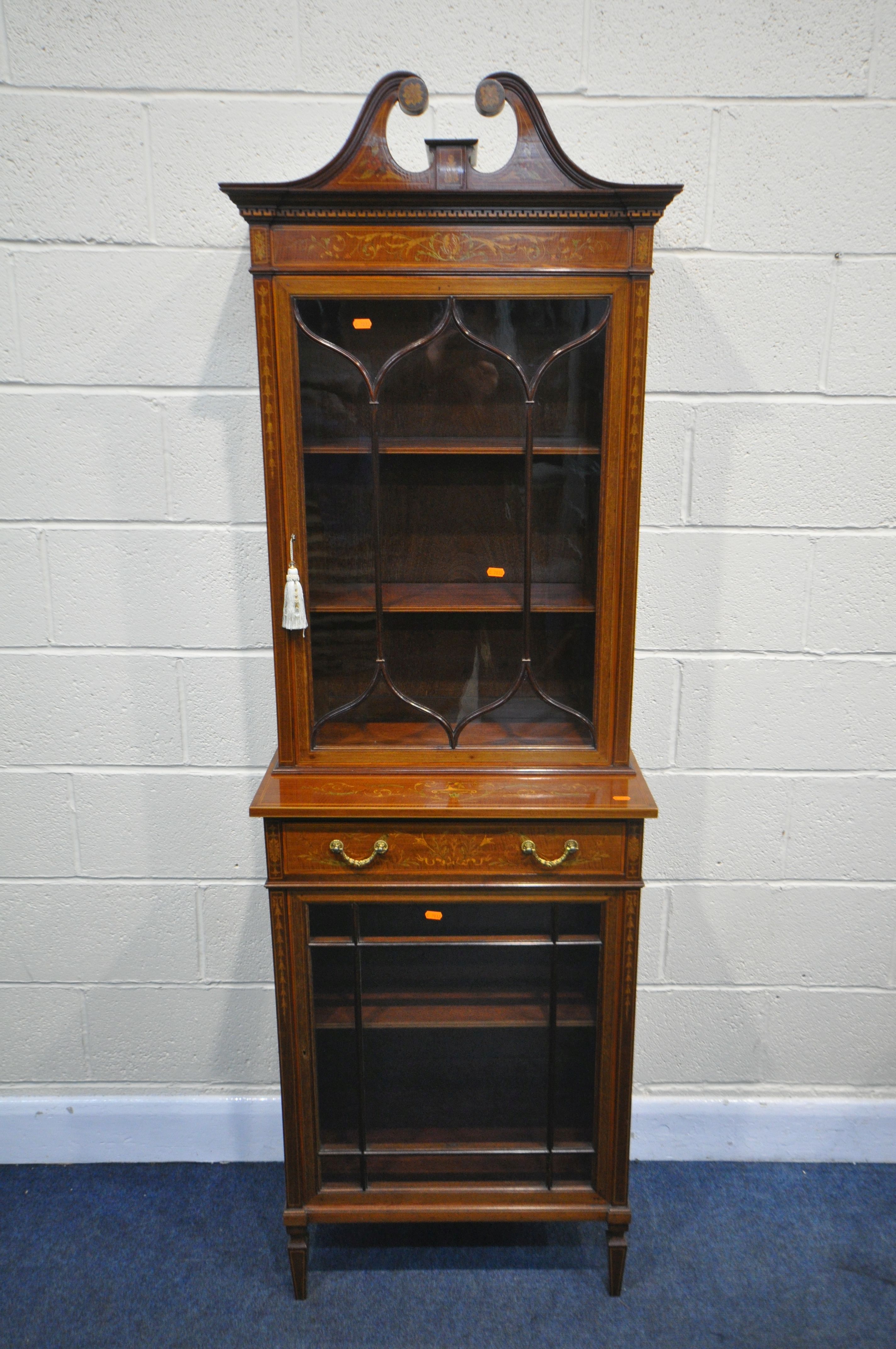 A SHERATON REVIVAL STYLE MAHOGANY AND MARQUETRY INLAID BOOKCASE, labelled verso Edwards and