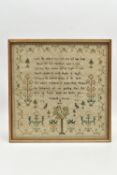 A REGENCY NEEDLEWORK SAMPLER, the square linen ground worked in silks, with a geometric border and