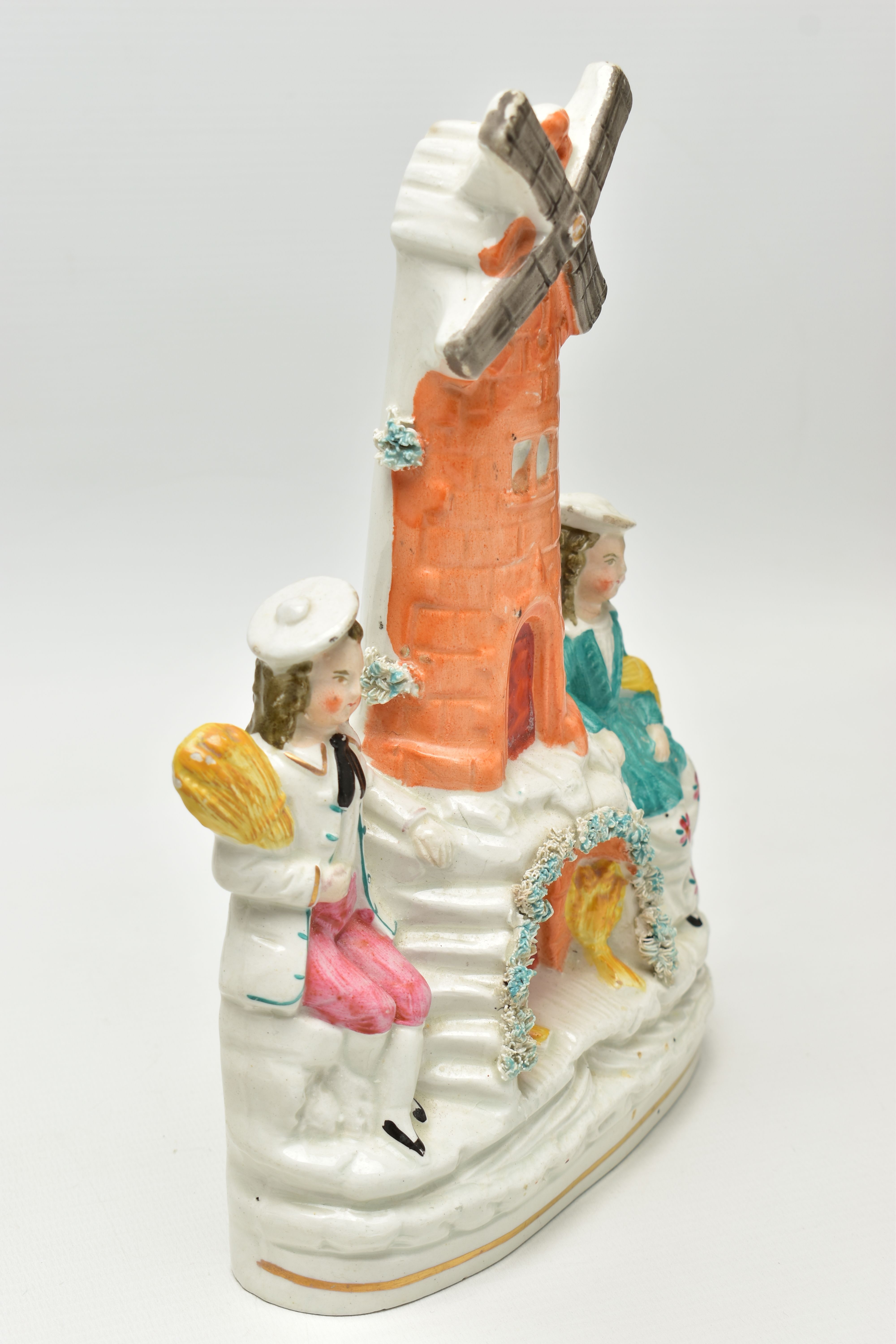 FIVE VICTORIAN STAFFORDSHIRE POTTERY FIGURES, ETC, comprising a windmill with boy and girl seated - Image 13 of 14