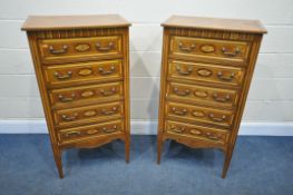 A PAIR OF 20TH CENTURY TALL CHESTS OF FIVE DRAWERS, with geometric pattern fruitwood and hardwoods