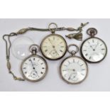 FOUR SILVER POCKET WATCHES AND AN ALBERTINA, to include four open face pocket watches, three are