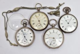 FOUR SILVER POCKET WATCHES AND AN ALBERTINA, to include four open face pocket watches, three are