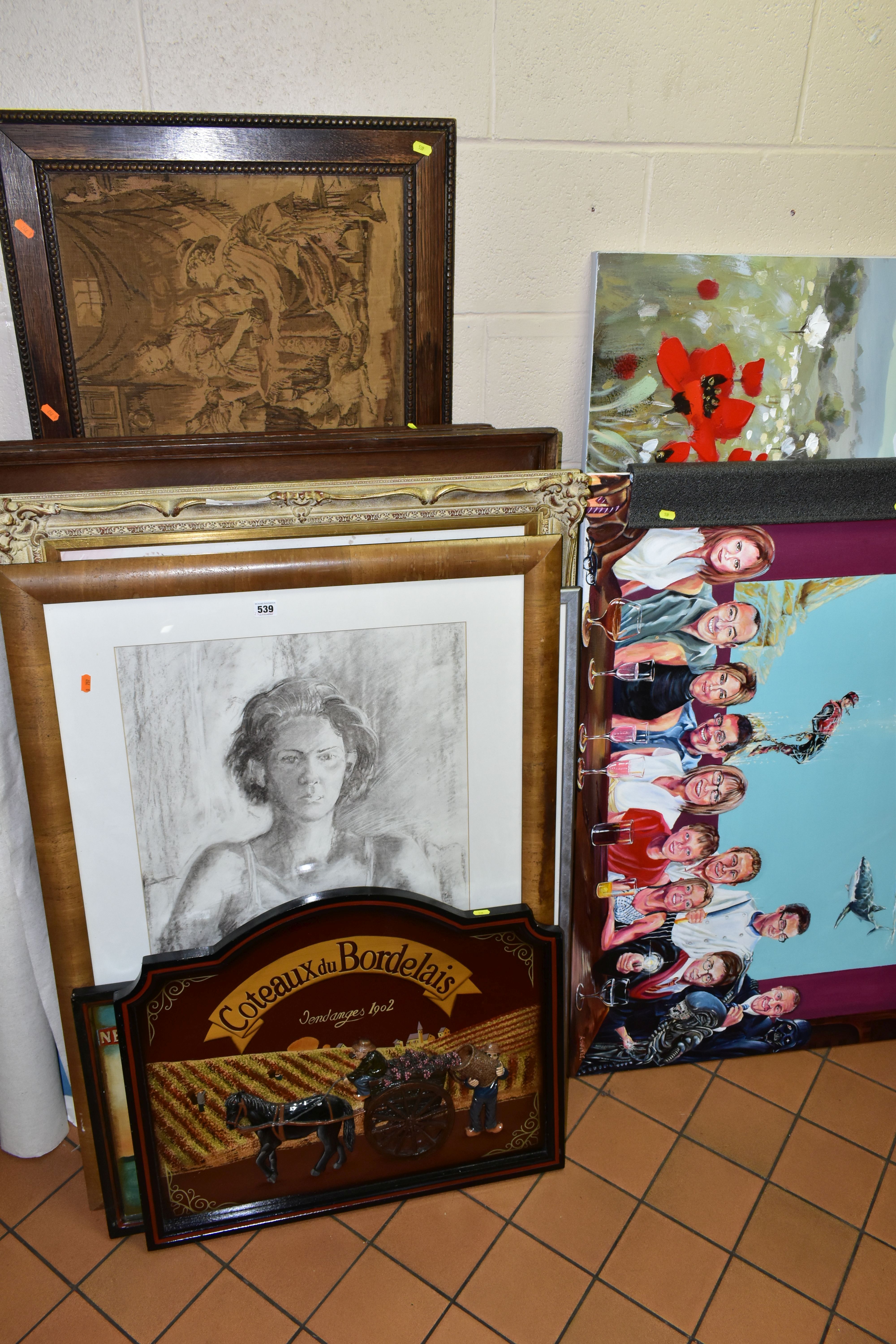 A SMALL QUANTITY OF LARGE PAINTINGS AND PRINTS ETC, to include two still life flower studies, one