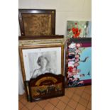 A SMALL QUANTITY OF LARGE PAINTINGS AND PRINTS ETC, to include two still life flower studies, one