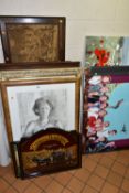 A SMALL QUANTITY OF LARGE PAINTINGS AND PRINTS ETC, to include two still life flower studies, one