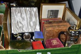 A BOX AND LOOSE PLANTER, BOOKS, PICTURES, METALWARES AND SUNDRY ITEMS, to include a large brass