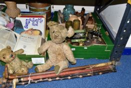 THREE BOXES AND LOOSE METALWARES, CERAMICS, TEDDY BEARS AND SUNDRY ITEMS, to include a large