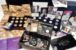 A CARDBOARD BOX CONTAINING COINS AND COMMEMORATIVES, to include a Royal Mint cased set of 17 x