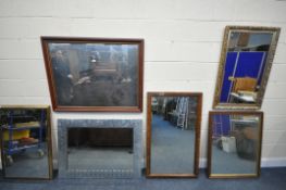 SIX VARIOUS WALL MIRRORS, of various sizes and materials, largest mirror size 114cm x 89cm (