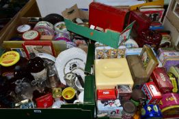 FIVE BOXES OF ASSORTED TIN BOXES AND GLASS JARS ETC, to include Nairn's Oat Cakes, OXO, Quality