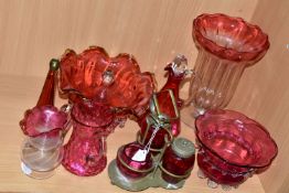 A GROUP OF VICTORIAN CRANBERRY GLASSWARE, comprising a silver plate four piece cruet set, two