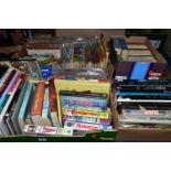 FIVE BOXES OF BOOKS containing over 150 miscellaneous titles in hardback and paperback format to
