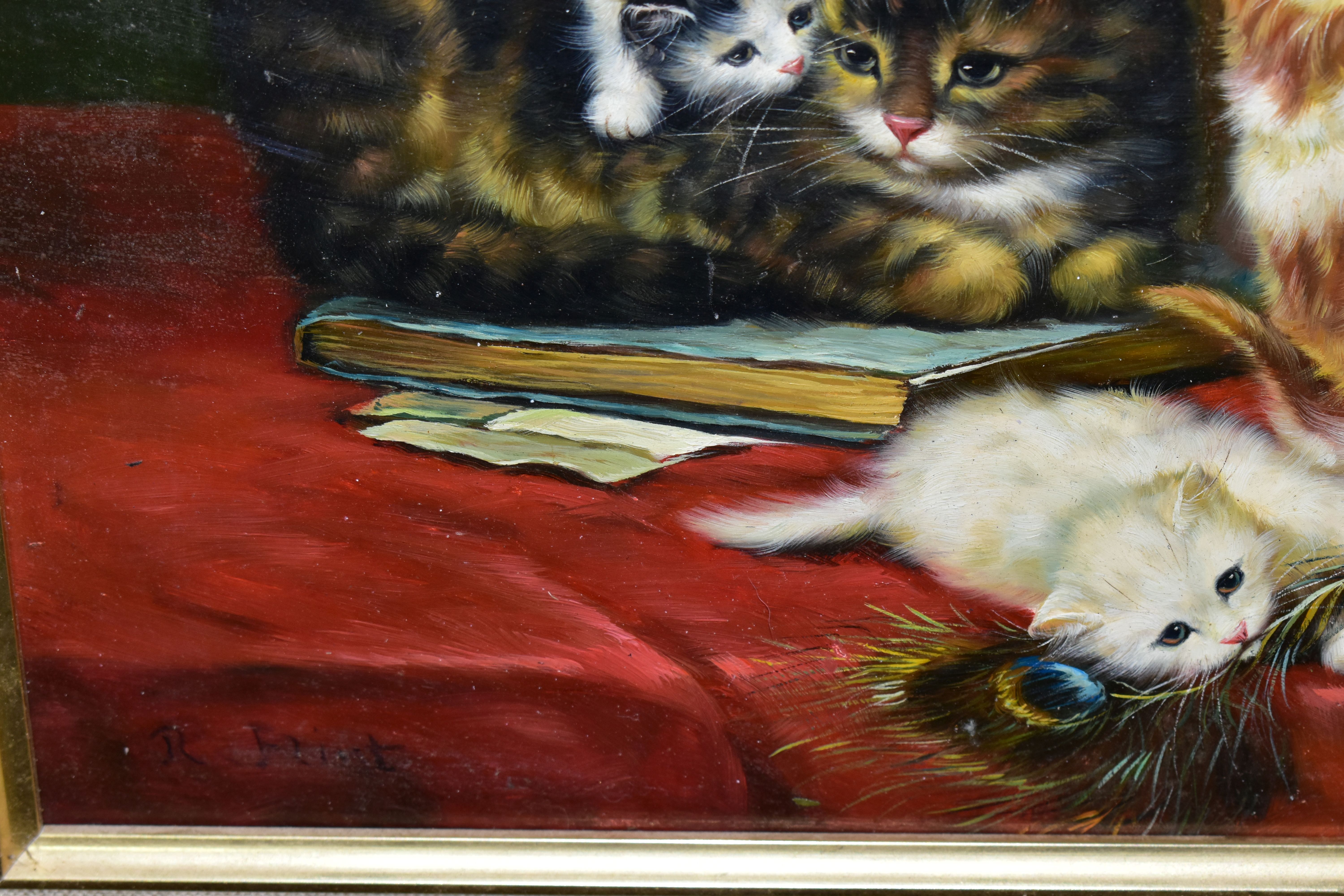 R. FLINT (20TH CENTURY) 'A CAT WITH KITTENS AT PLAY', signed bottom left, oil on wooden panel, - Image 3 of 4