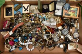 A BOX OF ASSORTED COSTUME JEWELLERY AND WATCHES, to include beaded necklaces, imitation pearl