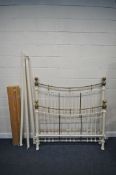 A VICTORIAN STYLE PAINTED AND BRASS 5FT BEDSTEAD, with side rails, pine slats