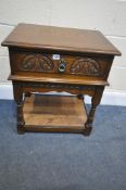 AN OLD CHARM OAK SINGLE DRAWER BEDSIDE CABINET, width 57cm x depth 43cm x height 66cm (good