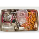 A BOX OF ASSORTED SILVER AND WHITE METAL, to include a glass sugar caster with a silver lid,