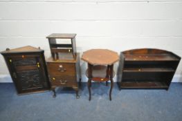 A SELECTION OF OCCASIONAL FURNITURE, to include a hanging corner cupboard (one key) an oak bedside