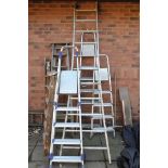 SEVEN SETS OF LADDERS all various sizes to include three sets of wooden steps, four aluminium brands