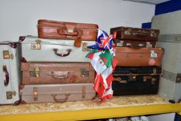 TEN VINTAGE SUITCASES, in various styles, sizes and materials, to include three non-matching Crown