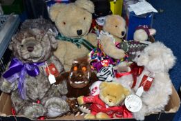A BOX AND LOOSE TEDDY BEARS AND SOFT TOYS, to include two Keel Toys bears with tags attached,