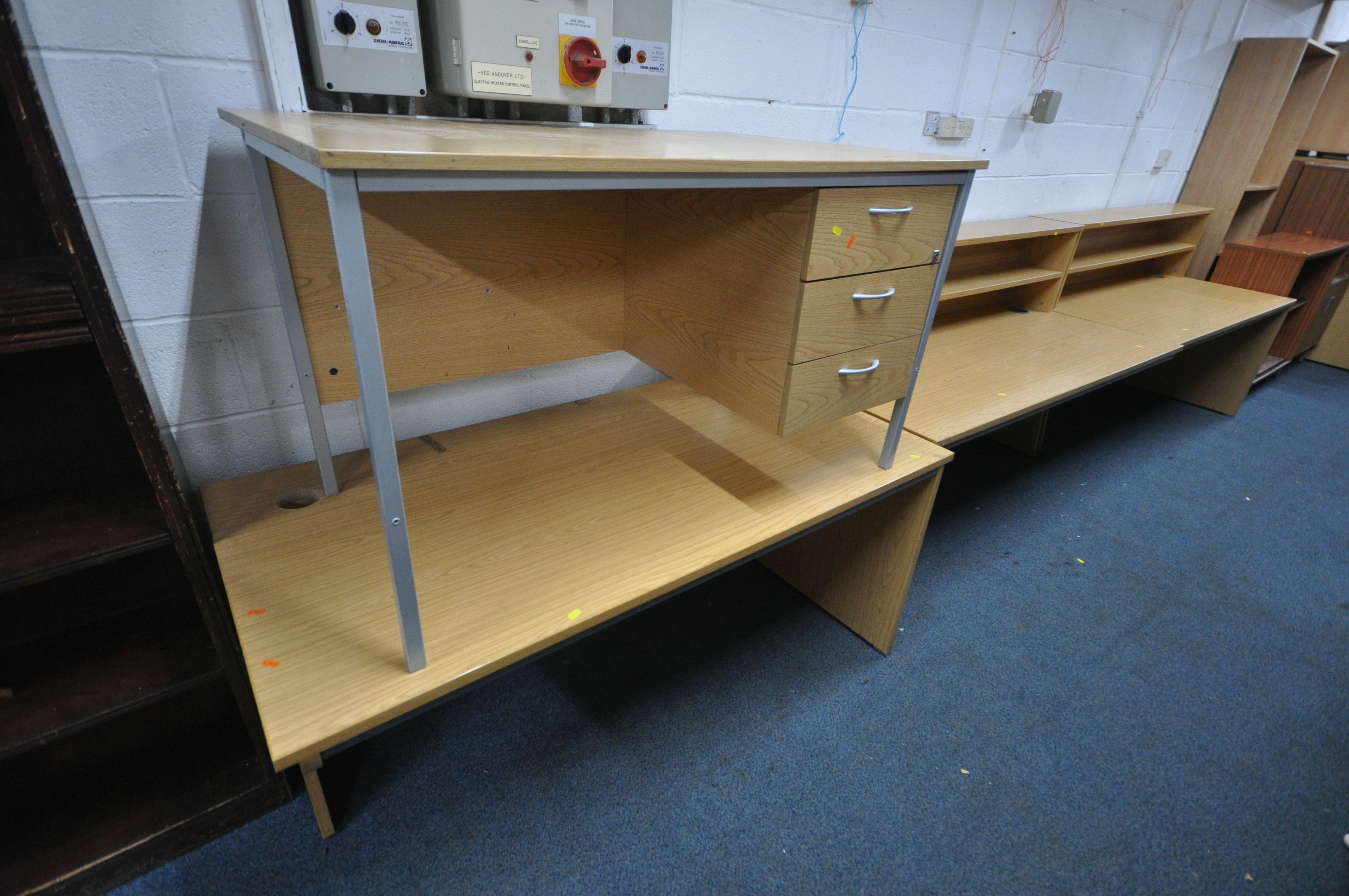A LARGE SELECTION OF LIGHT WOOD OFFICE FURNITURE, to include six various desks and seven various - Image 4 of 4