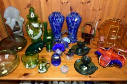 A QUANTITY OF COLOURED GLASSWARE, comprising a Mary Gregory style green glass cream jug, dish and
