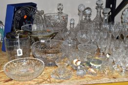 A QUANTITY OF CUT CRYSTAL AND GLASSWARE, comprising a biscuit barrel with silverplate lid, Stuart