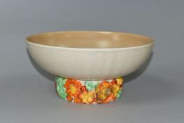 A CLARICE CLIFF FOR WILKINSON POTTERY 'MY GARDEN' FOOTED BOWL, the foot decorated with relief