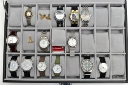 A LARGE WATCH DISPLAY CASE WITH WATCHES, faux black leather case with Perspex lid, push release