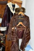 A GROUP OF LADIES FUR JACKETS AND HATS, comprising one fur stole, a brown coney fur jacket, fur hat,