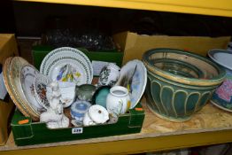 THREE BOXES OF CERAMICS AND GLASSWARES, to include four large stoneware planters, Portmeirion