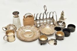 A BOX OF ASSORTED SILVER AND WHITE METAL, to include a silver toast rack, hallmarked 'James