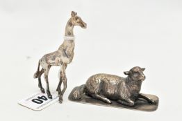 TWO WHITE METAL FIGURES, to include a silver giraff, import marks for London, 1974, approximate